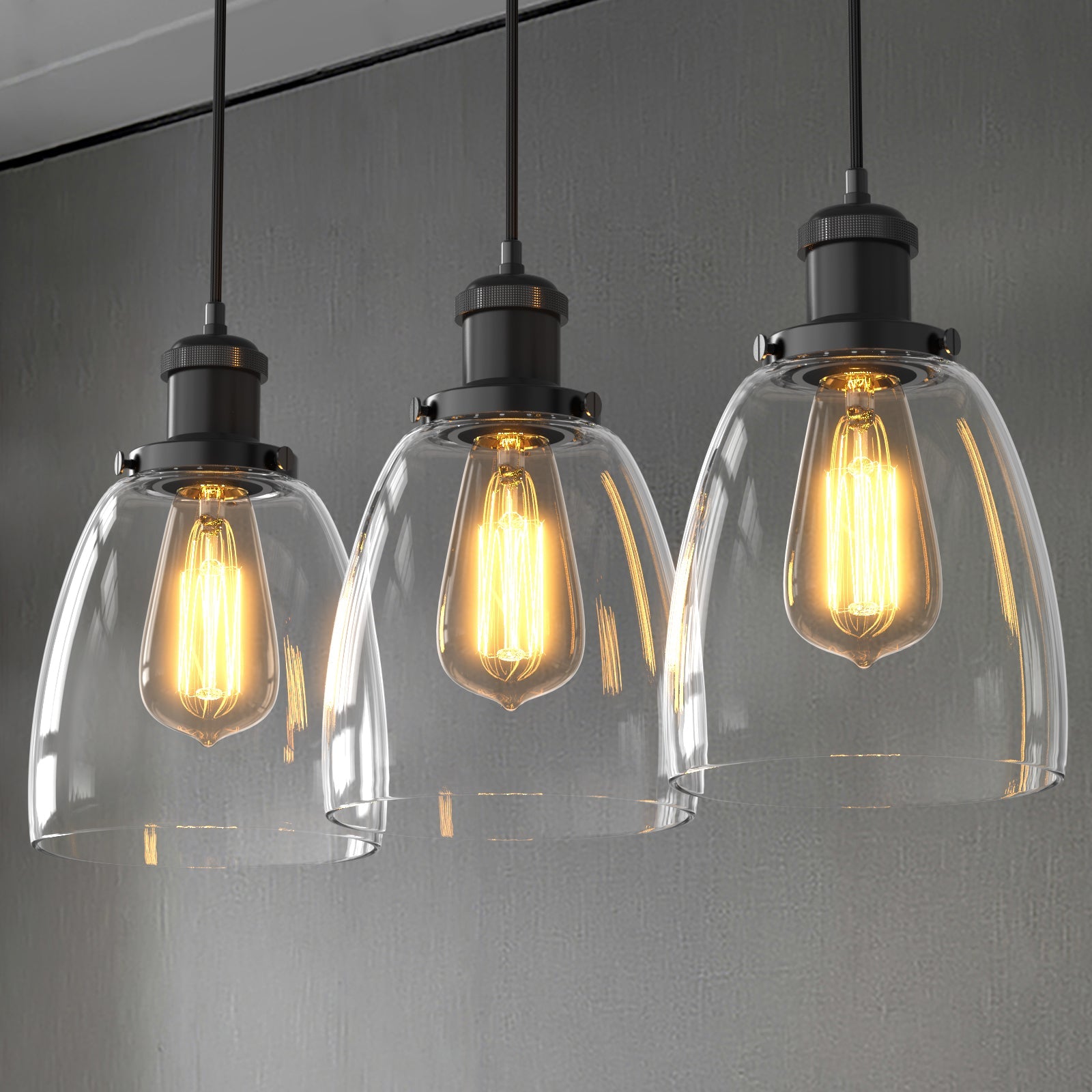 Variant image for Modern Glass Pendant Light Fixture – 3-Pack Adjustable Kitchen Pendant Lighting with Clear Shades and E27 Base-4