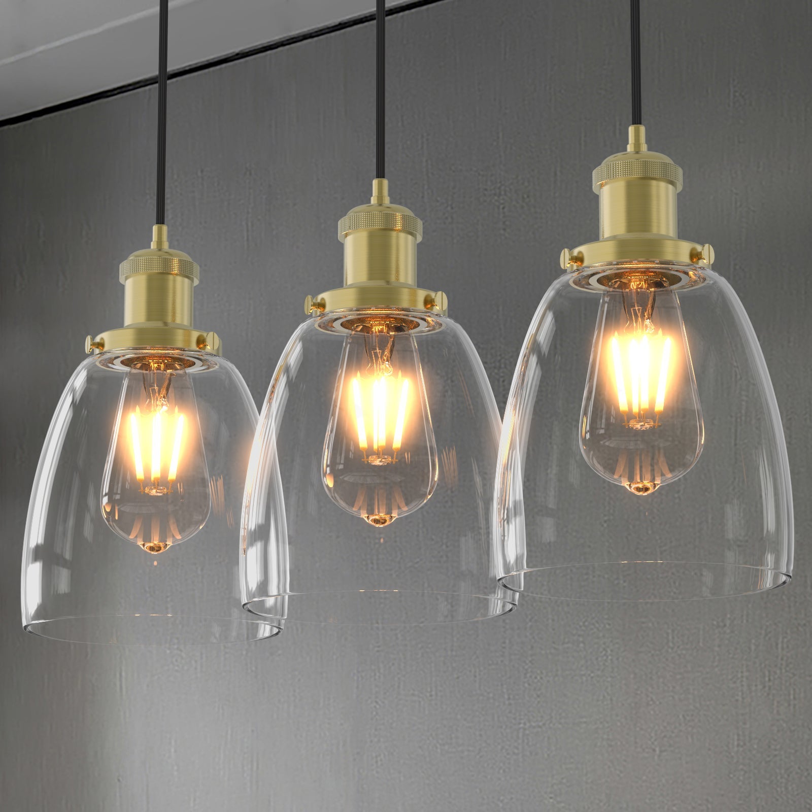 Modern Glass Pendant Light Fixture – 3-Pack Adjustable Kitchen Pendant Lighting with Clear Shades and E27 Base-1