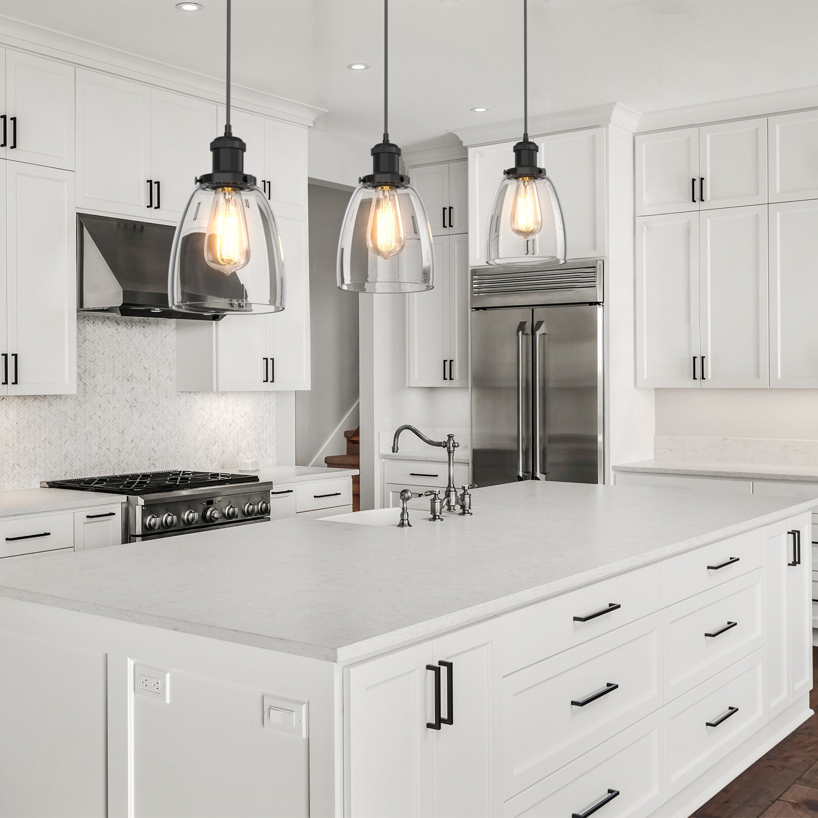 Modern Glass Pendant Light Fixture – 3-Pack Adjustable Kitchen Pendant Lighting with Clear Shades and E27 Base-6