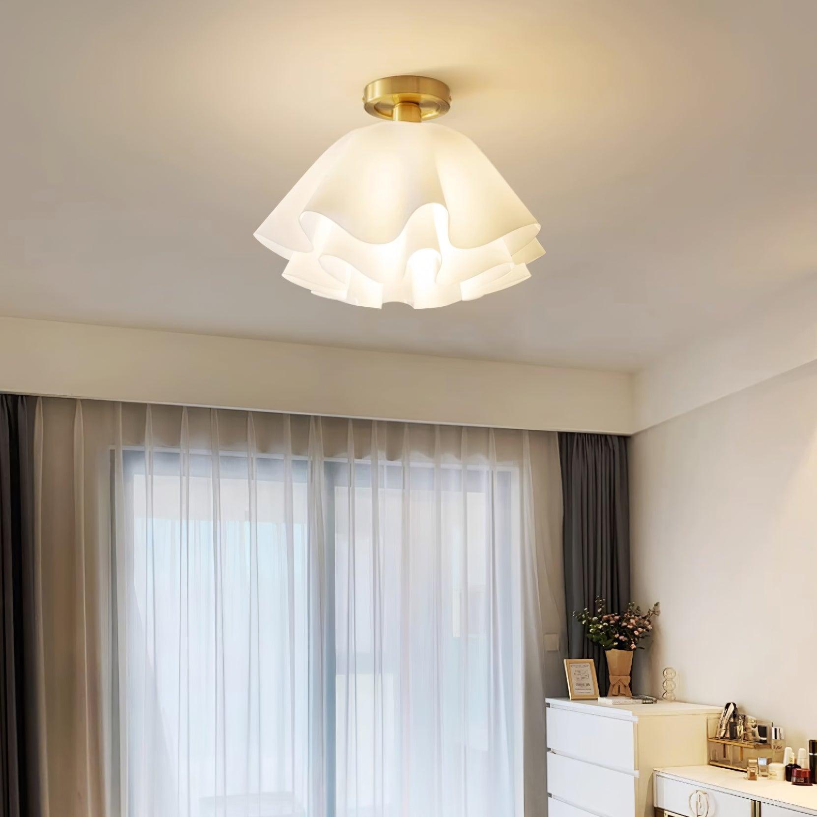 Modern Brass Flush Mount Ceiling Light with Pleated Design – Available in Two Sizes, Hardwired Installation, Damp Rated-5